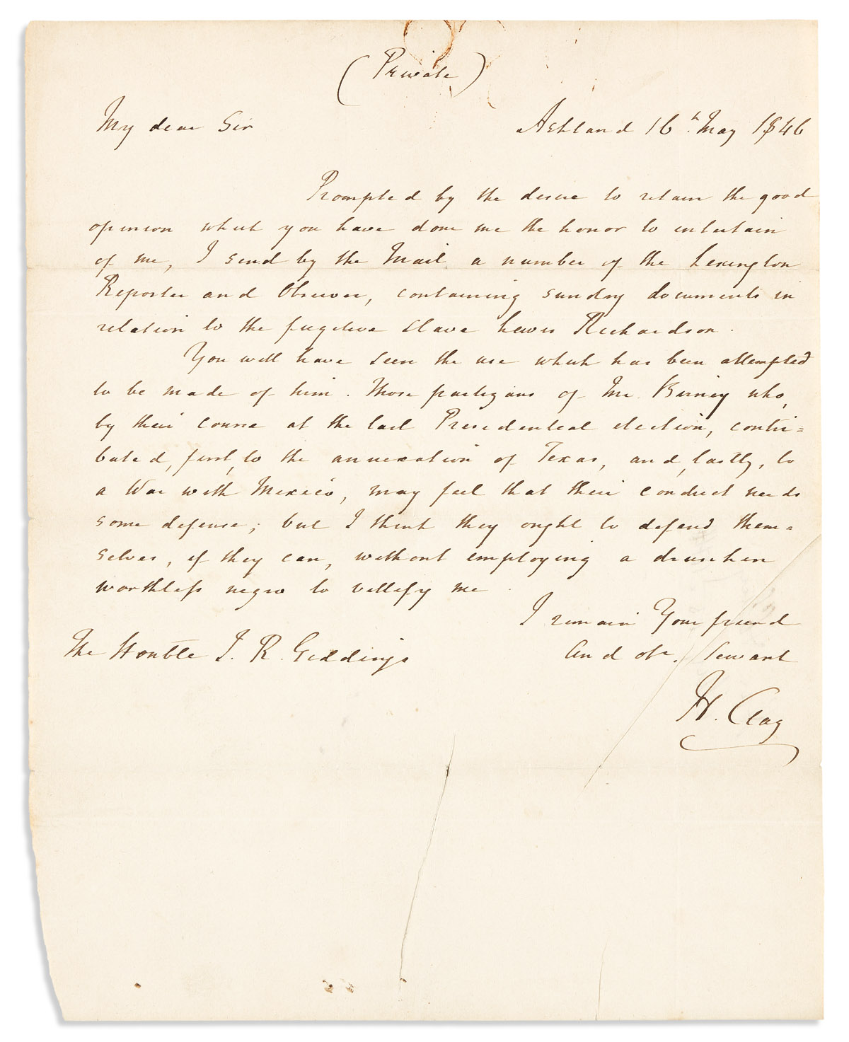 CLAY, HENRY. Autograph Letter Signed, H. Clay, to Representative Joshua Reed Giddings (My dear Sir),